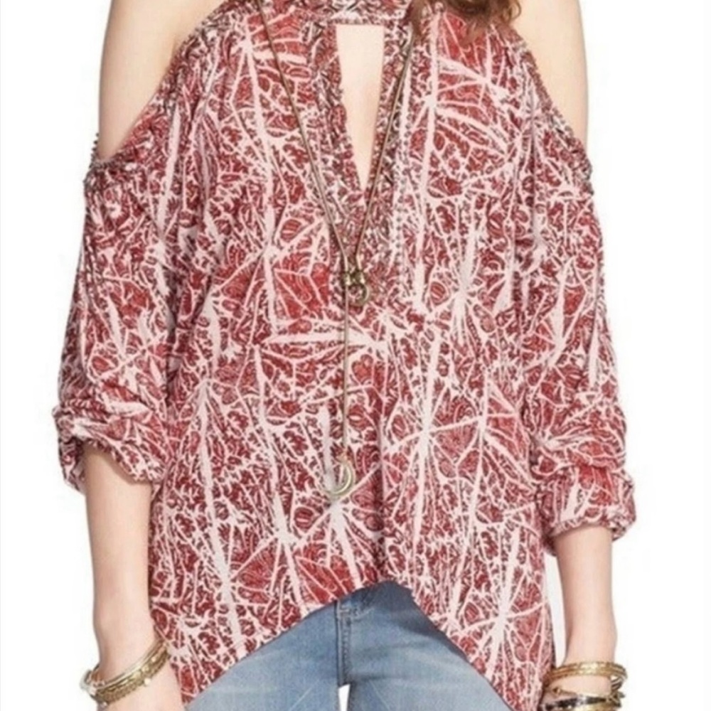 New w/Tags Free People Beaded Cold Shoulder Blouse w/Beaded Keyhole Neckline